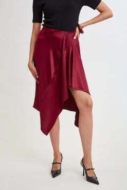 Elie Tahari Bottoms-Asymmetric Hem Satin Midi Skirt SANGRIA