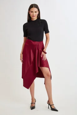 Elie Tahari Bottoms-Asymmetric Hem Satin Midi Skirt SANGRIA