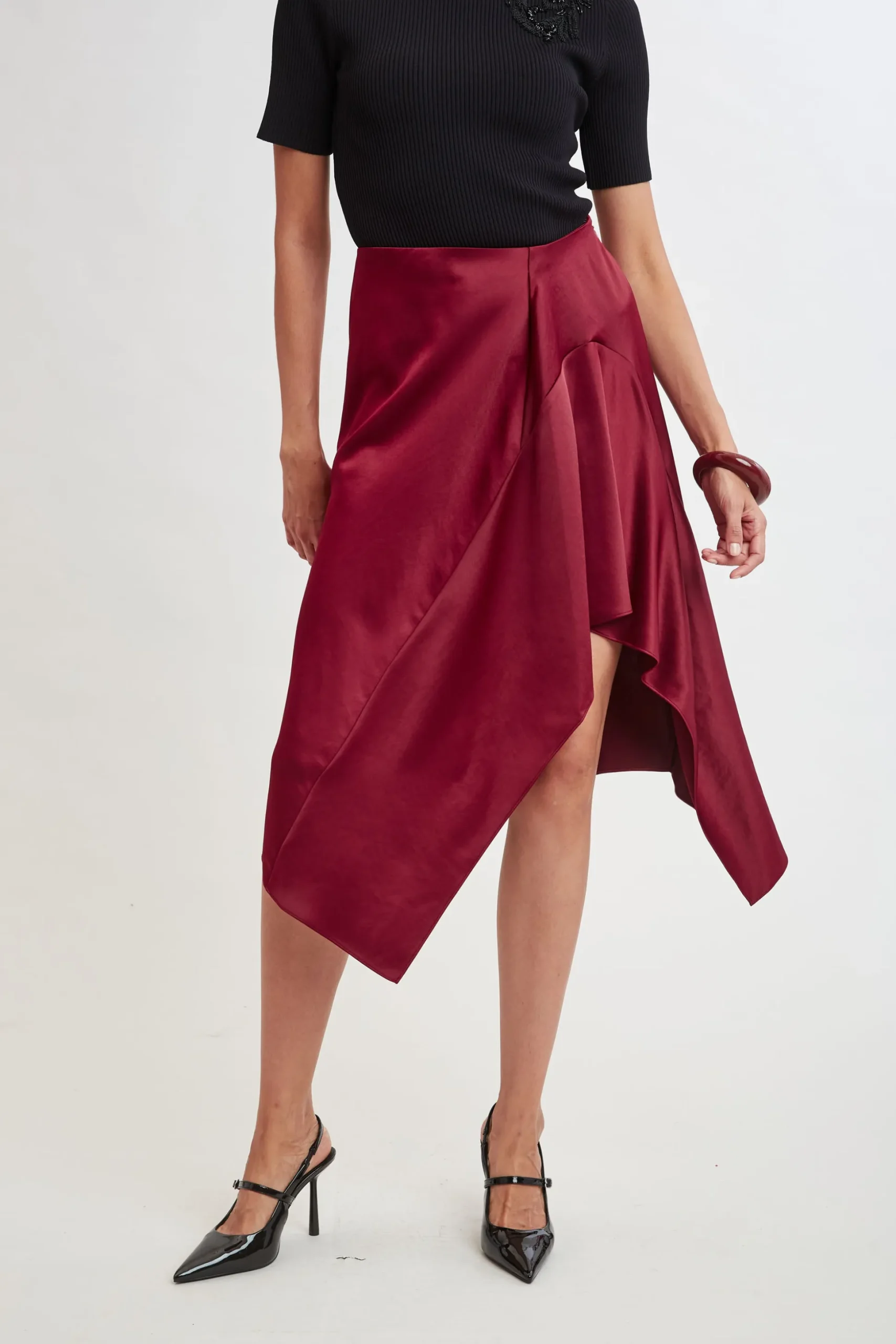 Elie Tahari Bottoms-Asymmetric Hem Satin Midi Skirt SANGRIA