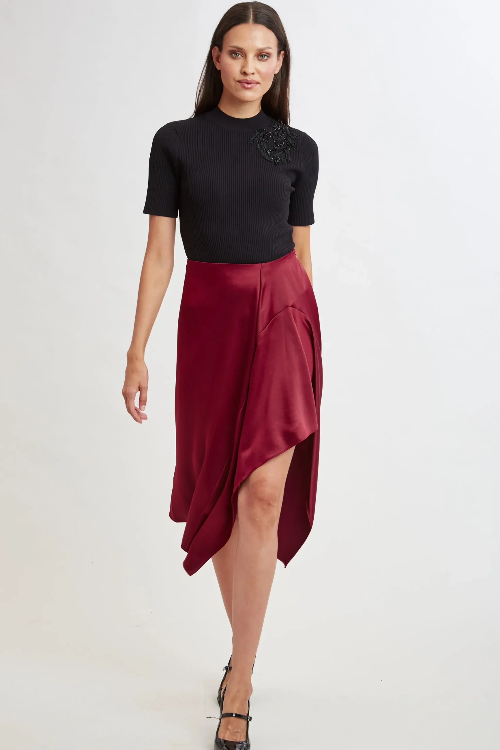 Elie Tahari Bottoms-Asymmetric Hem Satin Midi Skirt SANGRIA