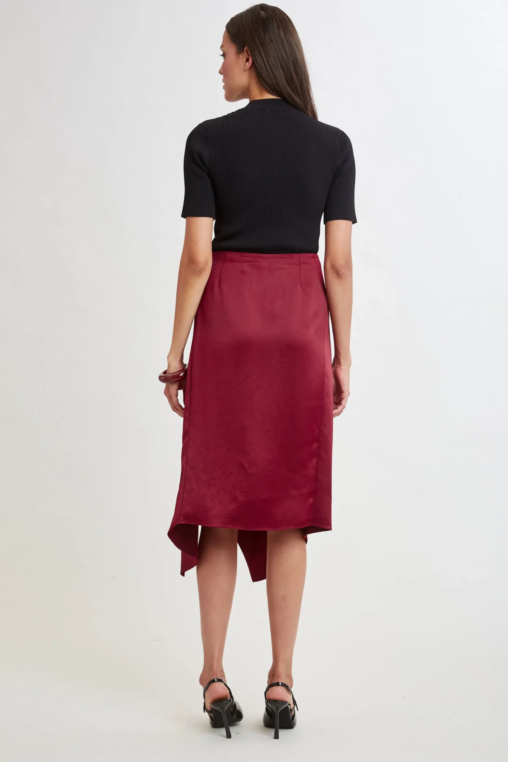 Elie Tahari Bottoms-Asymmetric Hem Satin Midi Skirt SANGRIA