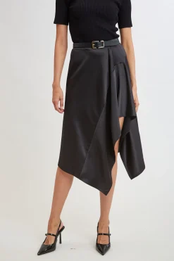 Elie Tahari Bottoms-Asymmetric Hem Satin Midi Skirt BLACK