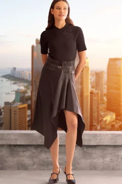 Elie Tahari Bottoms-Asymmetric Hem Satin Midi Skirt BLACK