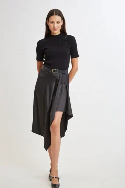 Elie Tahari Bottoms-Asymmetric Hem Satin Midi Skirt BLACK