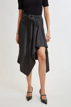 Elie Tahari Bottoms-Asymmetric Hem Satin Midi Skirt BLACK