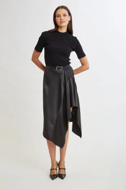 Elie Tahari Bottoms-Asymmetric Hem Satin Midi Skirt BLACK