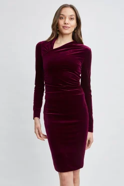 Elie Tahari Dresses & Jumpsuits|Suiting-Asymmetric Ruched Velvet Dress BURGUNDY