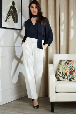 Elie Tahari Bottoms-Belted Crepe Pant SkyWhite