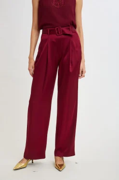 Elie Tahari Bottoms-Belted Satin Pleated Pant SANGRIA