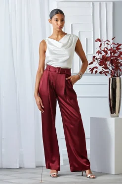 Elie Tahari Bottoms-Belted Satin Pleated Pant SANGRIA