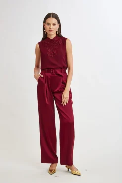Elie Tahari Bottoms-Belted Satin Pleated Pant SANGRIA