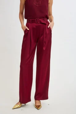 Elie Tahari Bottoms-Belted Satin Pleated Pant SANGRIA