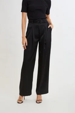 Elie Tahari Bottoms-Belted Satin Pleated Pant BLACK