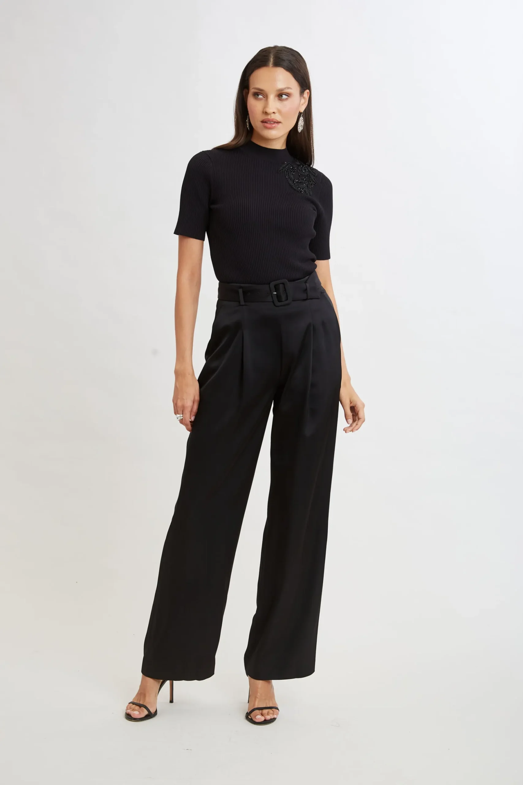 Elie Tahari Bottoms-Belted Satin Pleated Pant BLACK