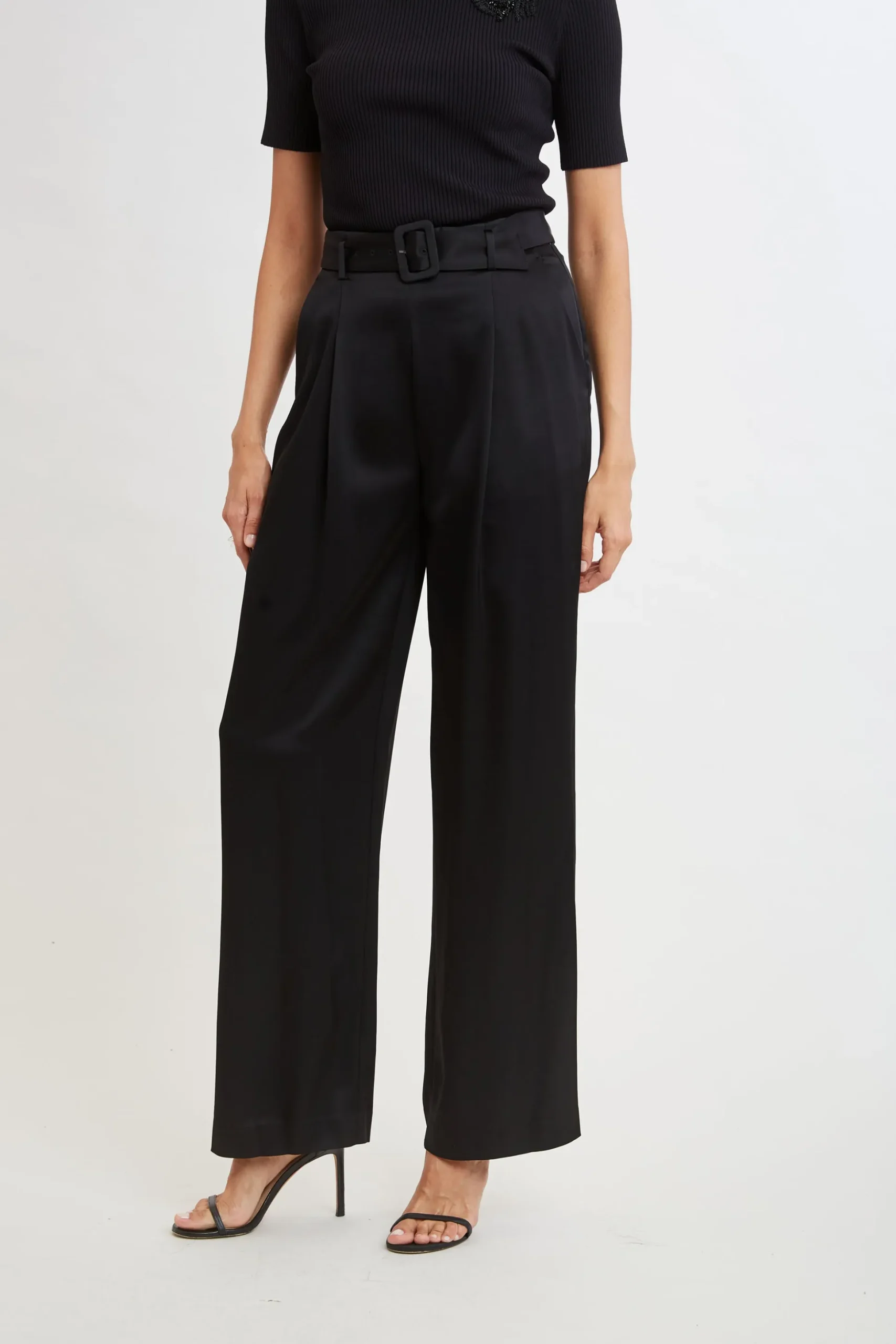 Elie Tahari Bottoms-Belted Satin Pleated Pant BLACK