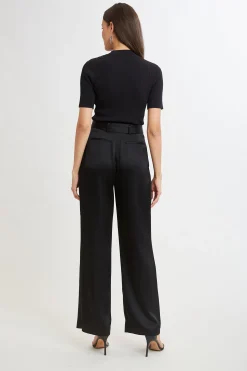 Elie Tahari Bottoms-Belted Satin Pleated Pant BLACK