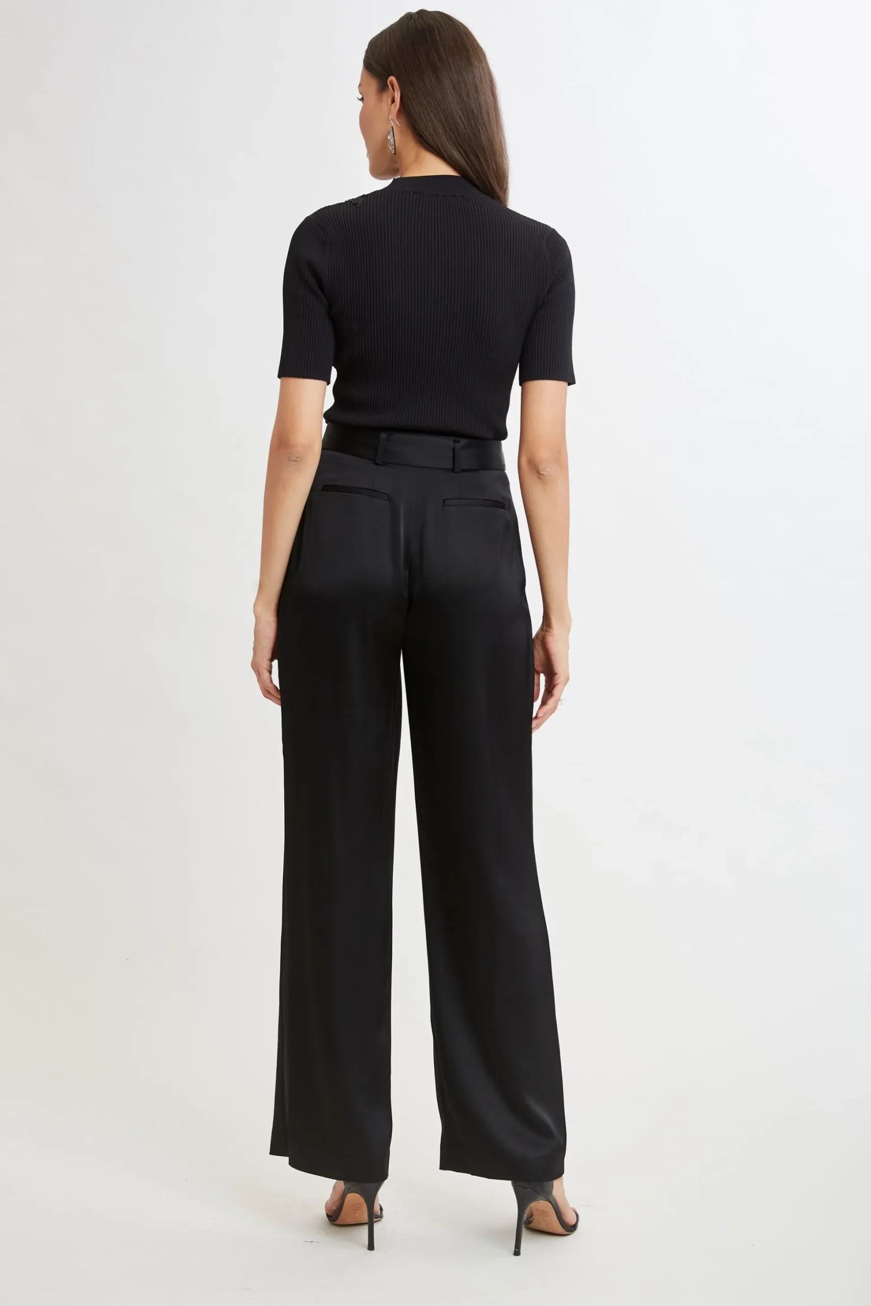 Elie Tahari Bottoms-Belted Satin Pleated Pant BLACK