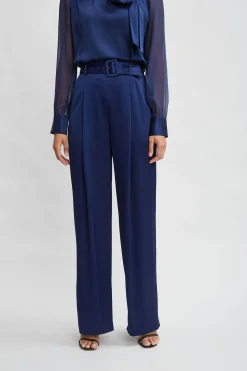 Elie Tahari Bottoms-Belted Satin Pleated Pant MIDNIGHT