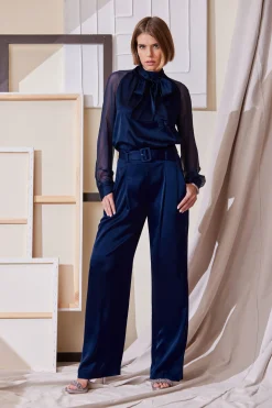 Elie Tahari Bottoms-Belted Satin Pleated Pant MIDNIGHT