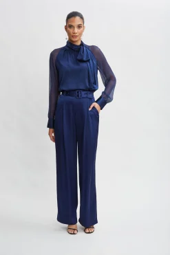 Elie Tahari Bottoms-Belted Satin Pleated Pant MIDNIGHT