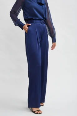Elie Tahari Bottoms-Belted Satin Pleated Pant MIDNIGHT