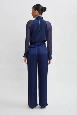 Elie Tahari Bottoms-Belted Satin Pleated Pant MIDNIGHT