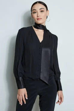 Elie Tahari Tops & Sweaters-Blouson Satin Tie Shirt BLACK