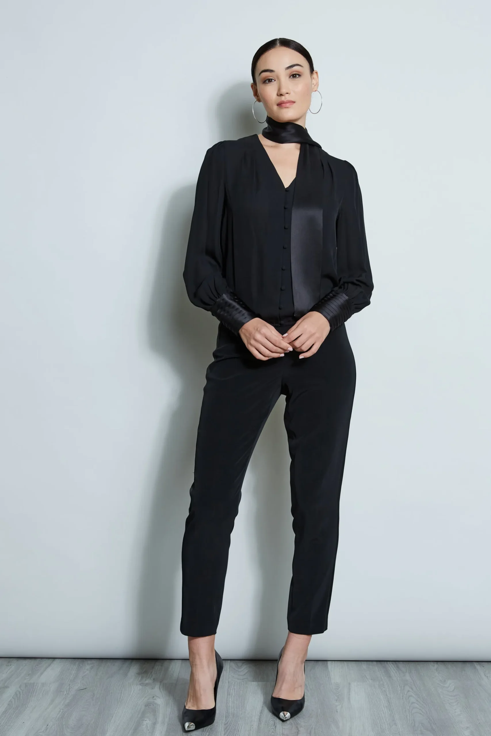 Elie Tahari Tops & Sweaters-Blouson Satin Tie Shirt BLACK