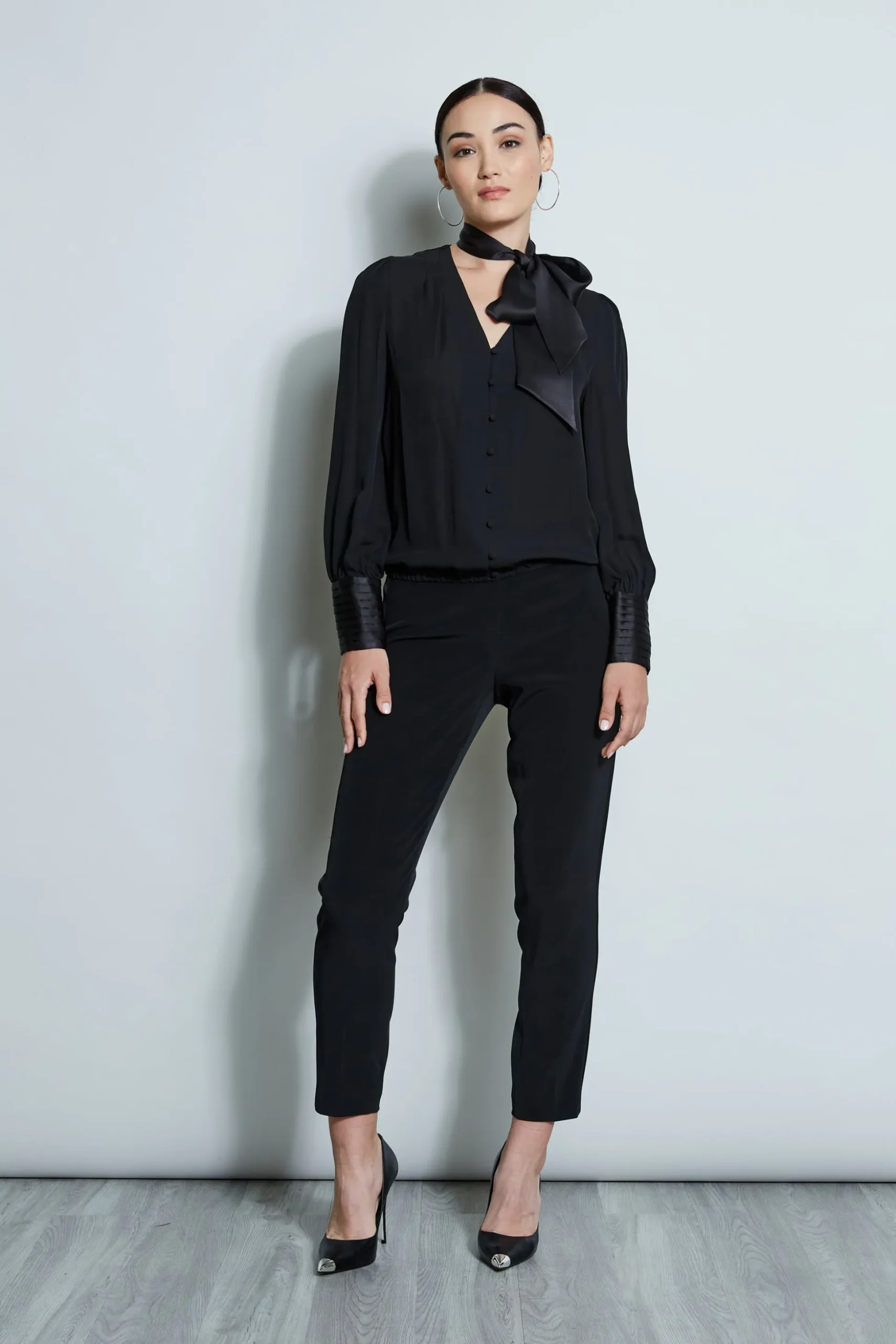 Elie Tahari Tops & Sweaters-Blouson Satin Tie Shirt BLACK