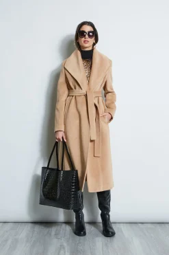 Elie Tahari Coats-Brushed Wrap Maxi Coat CAMEL