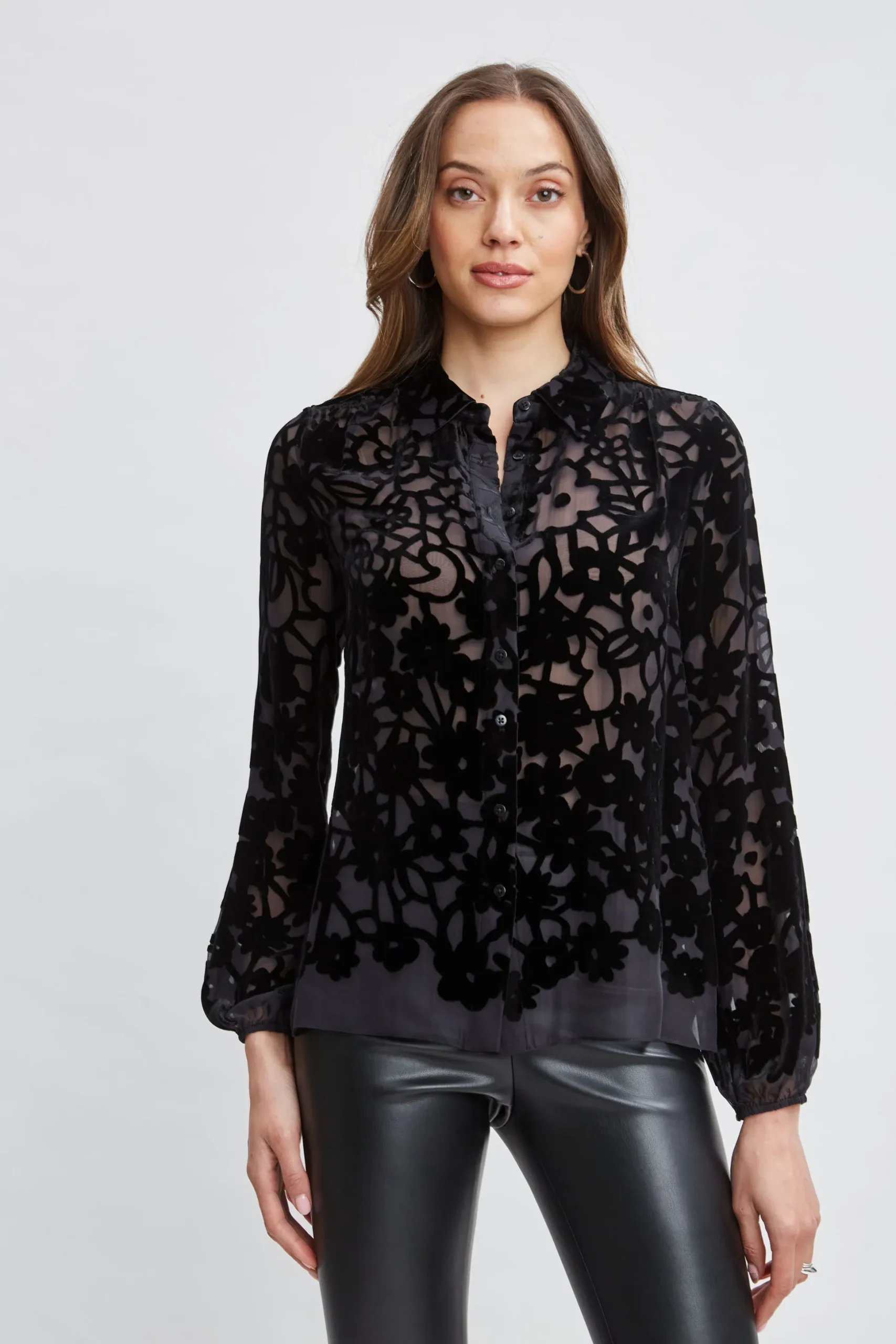 Elie Tahari Tops & Sweaters-Burnout Silk Velvet Burnout Shirt BLACK