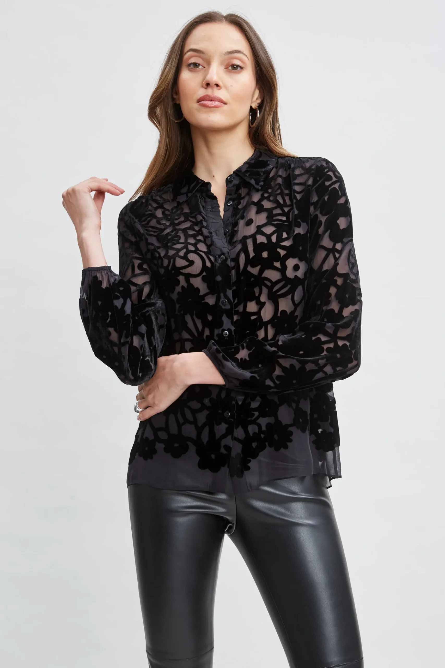 Elie Tahari Tops & Sweaters-Burnout Silk Velvet Burnout Shirt BLACK