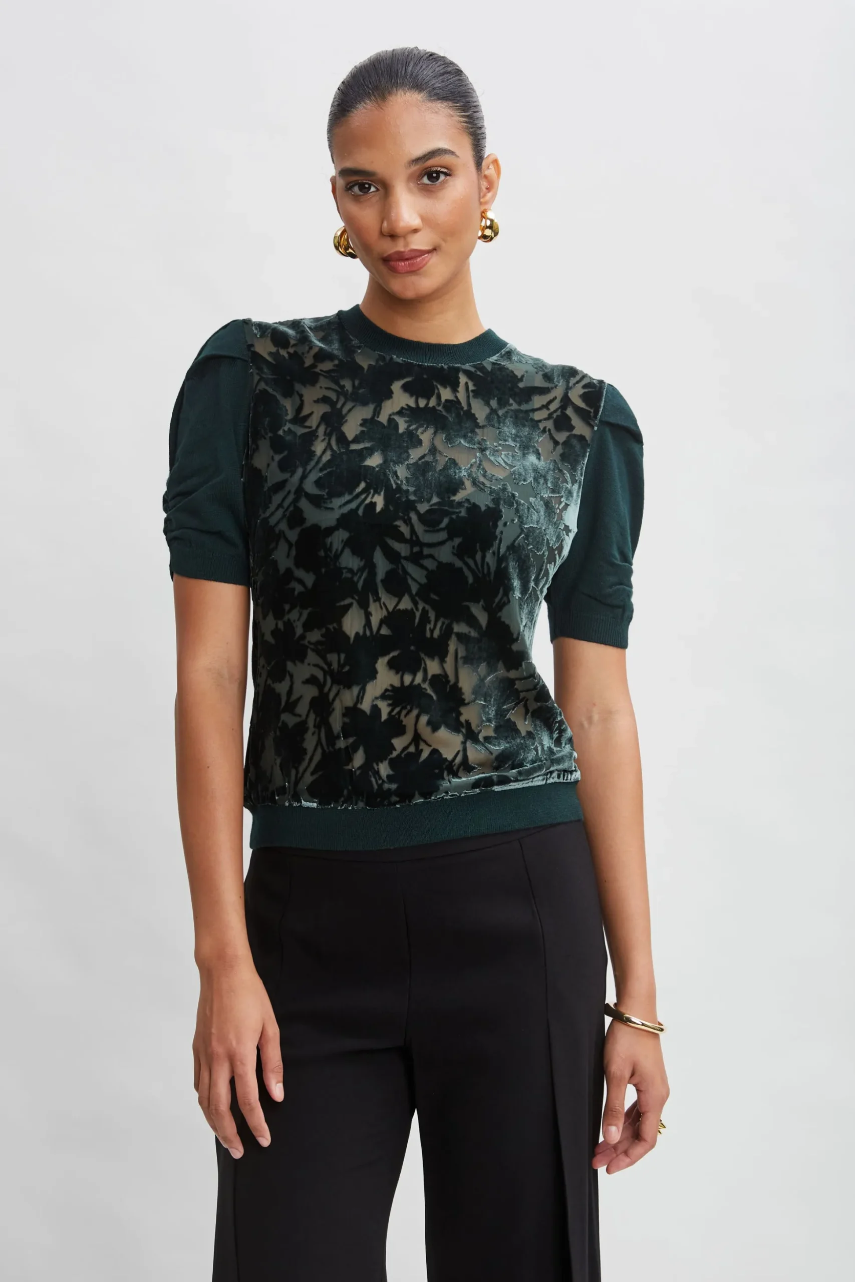 Elie Tahari Tops & Sweaters-Burnout Velvet Short Sleeve Sweater FORESTGREEN