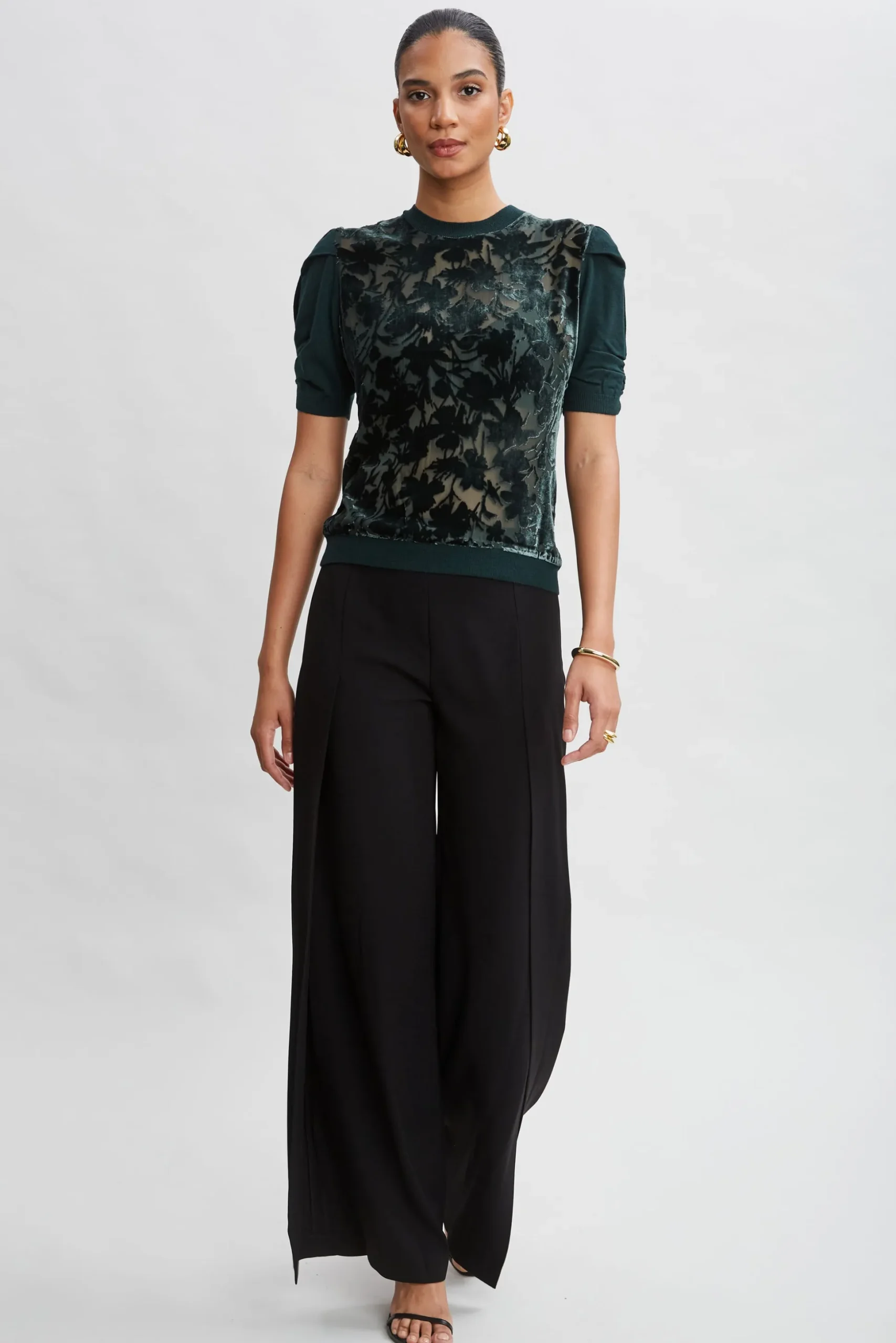 Elie Tahari Tops & Sweaters-Burnout Velvet Short Sleeve Sweater FORESTGREEN