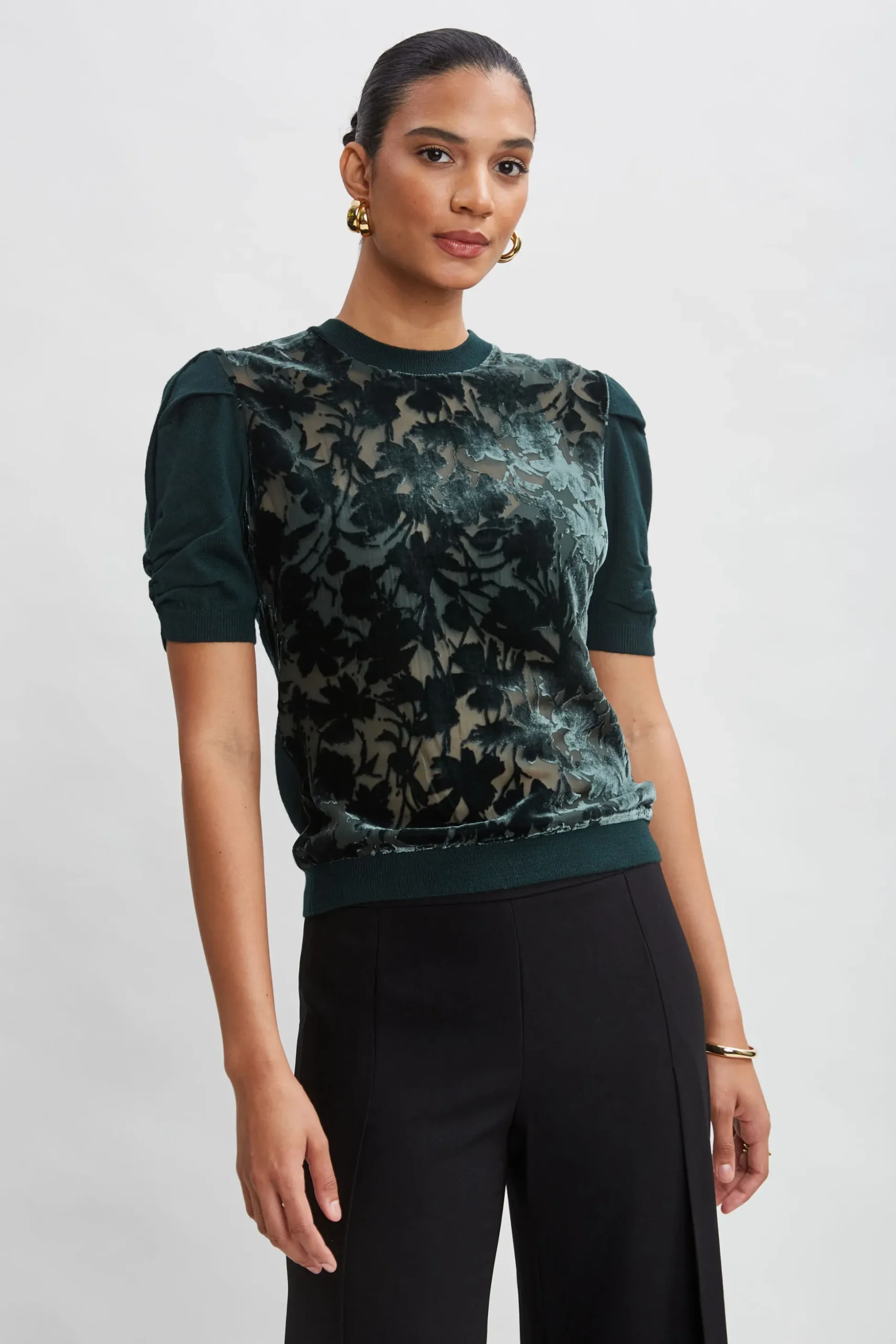 Elie Tahari Tops & Sweaters-Burnout Velvet Short Sleeve Sweater FORESTGREEN