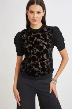 Elie Tahari Tops & Sweaters-Burnout Velvet Short Sleeve Sweater BLACK