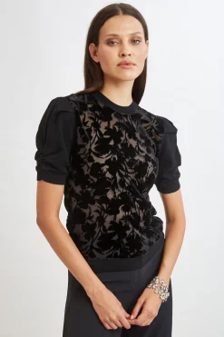 Elie Tahari Tops & Sweaters-Burnout Velvet Short Sleeve Sweater BLACK