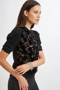 Elie Tahari Tops & Sweaters-Burnout Velvet Short Sleeve Sweater BLACK