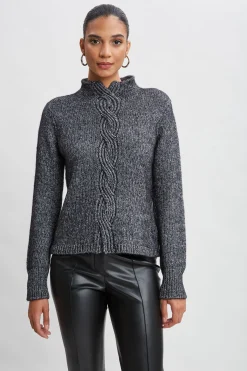 Elie Tahari Tops & Sweaters-Cable Front Cotton Merino Sweater BLACKMELANGE