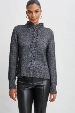 Elie Tahari Tops & Sweaters-Cable Front Cotton Merino Sweater BLACKMELANGE