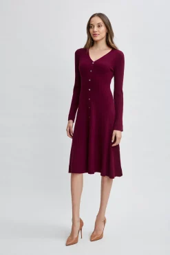 Elie Tahari Dresses & Jumpsuits|Long Sleeve Dresses-Cashmere Fit & Flare Dress CRANBERRY