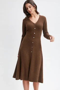 Elie Tahari Dresses & Jumpsuits|Long Sleeve Dresses-Cashmere Fit & Flare Dress CHOCOLATE