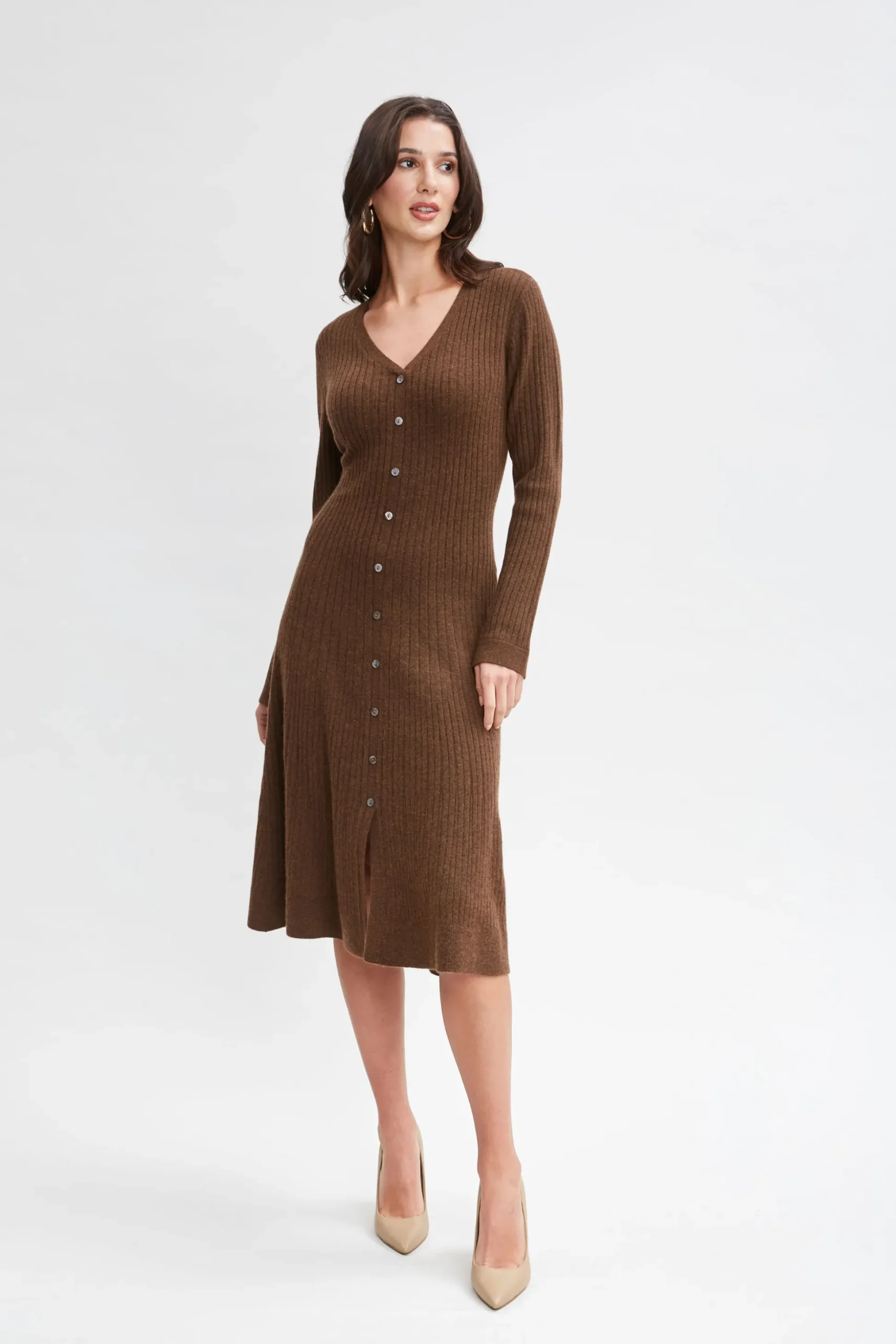 Elie Tahari Dresses & Jumpsuits|Long Sleeve Dresses-Cashmere Fit & Flare Dress CHOCOLATE