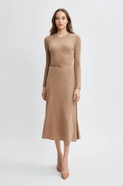 Elie Tahari Dresses & Jumpsuits-Cashmere Long Sleeve Belted Dress SADDLE