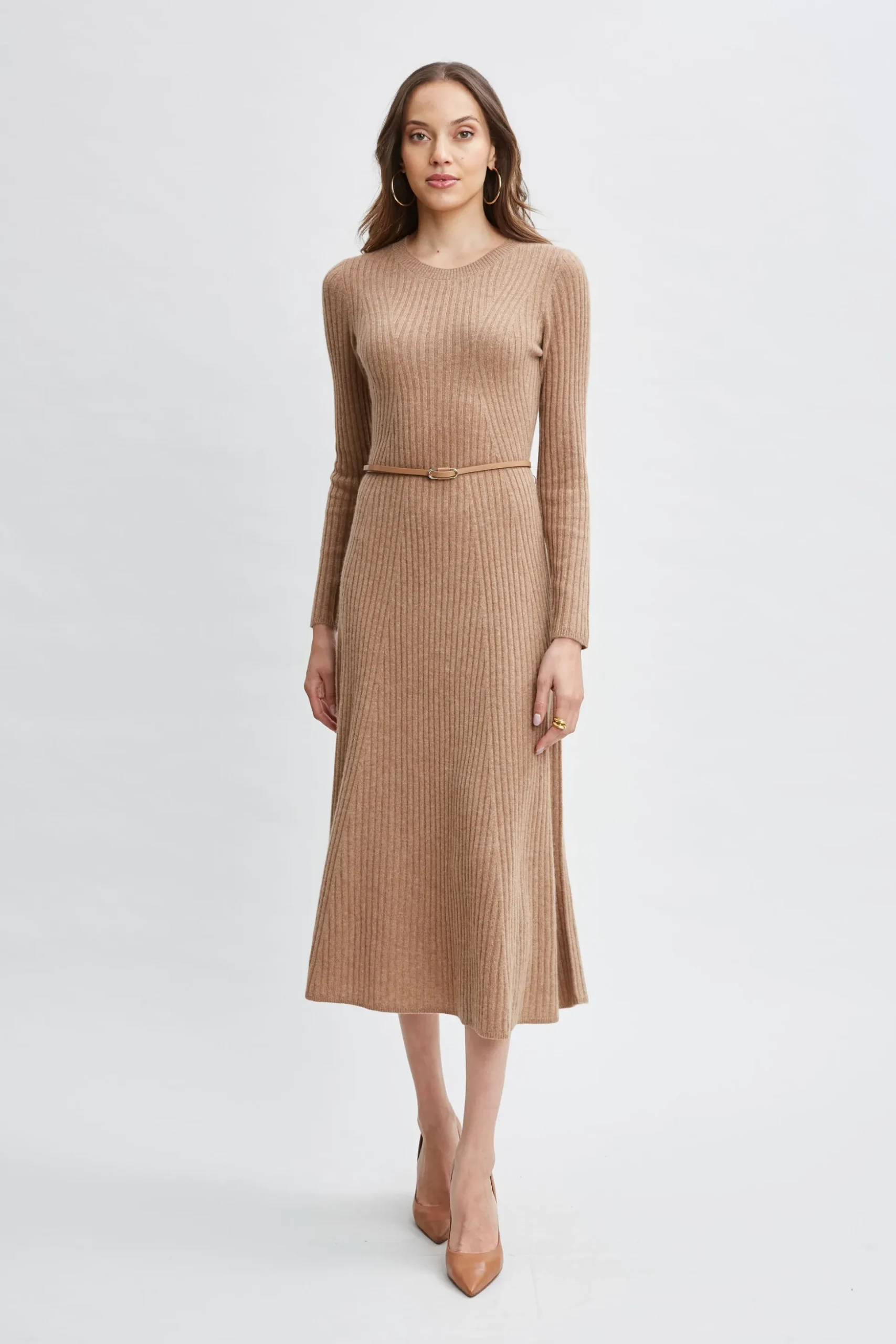 Elie Tahari Dresses & Jumpsuits-Cashmere Long Sleeve Belted Dress SADDLE