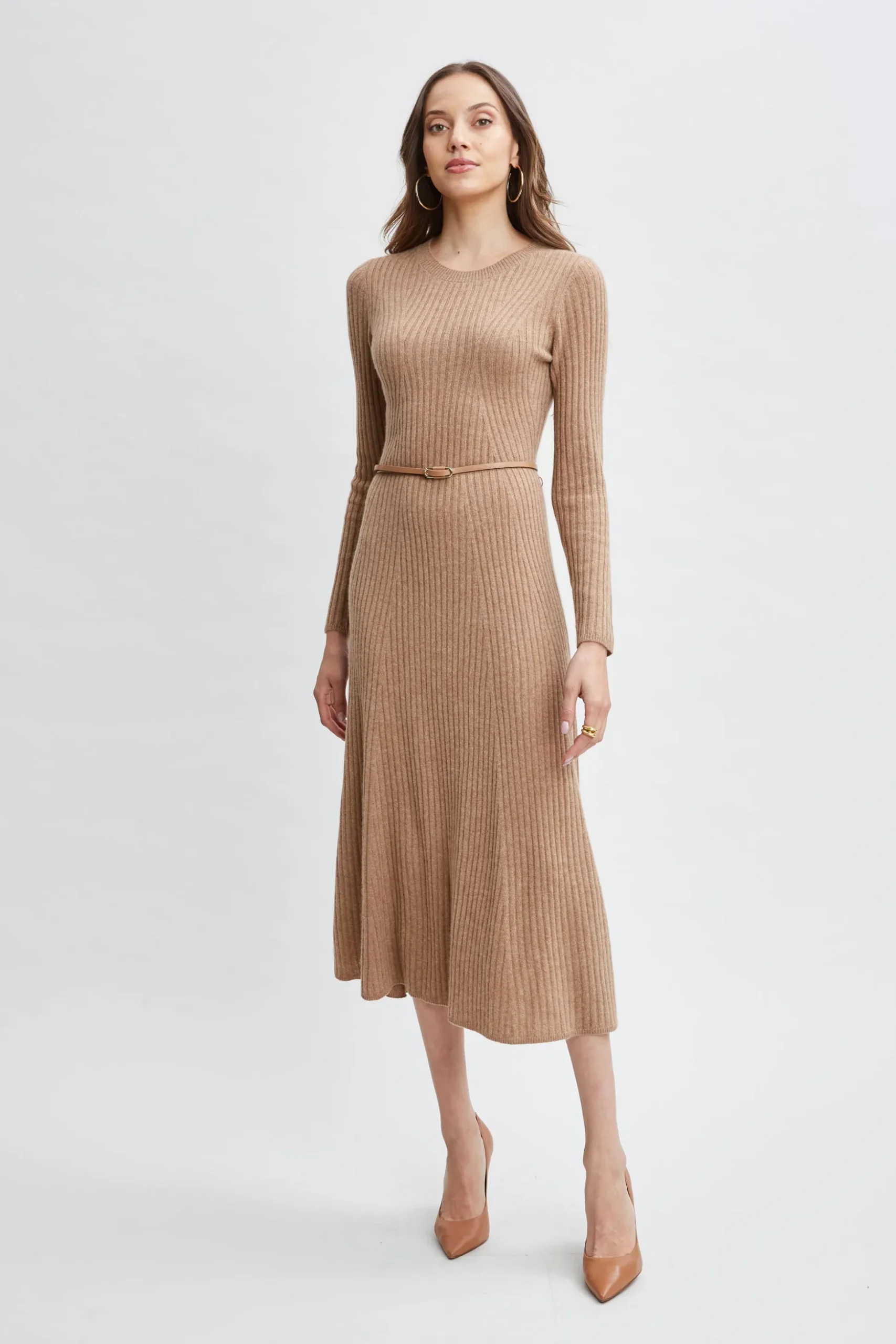Elie Tahari Dresses & Jumpsuits-Cashmere Long Sleeve Belted Dress SADDLE