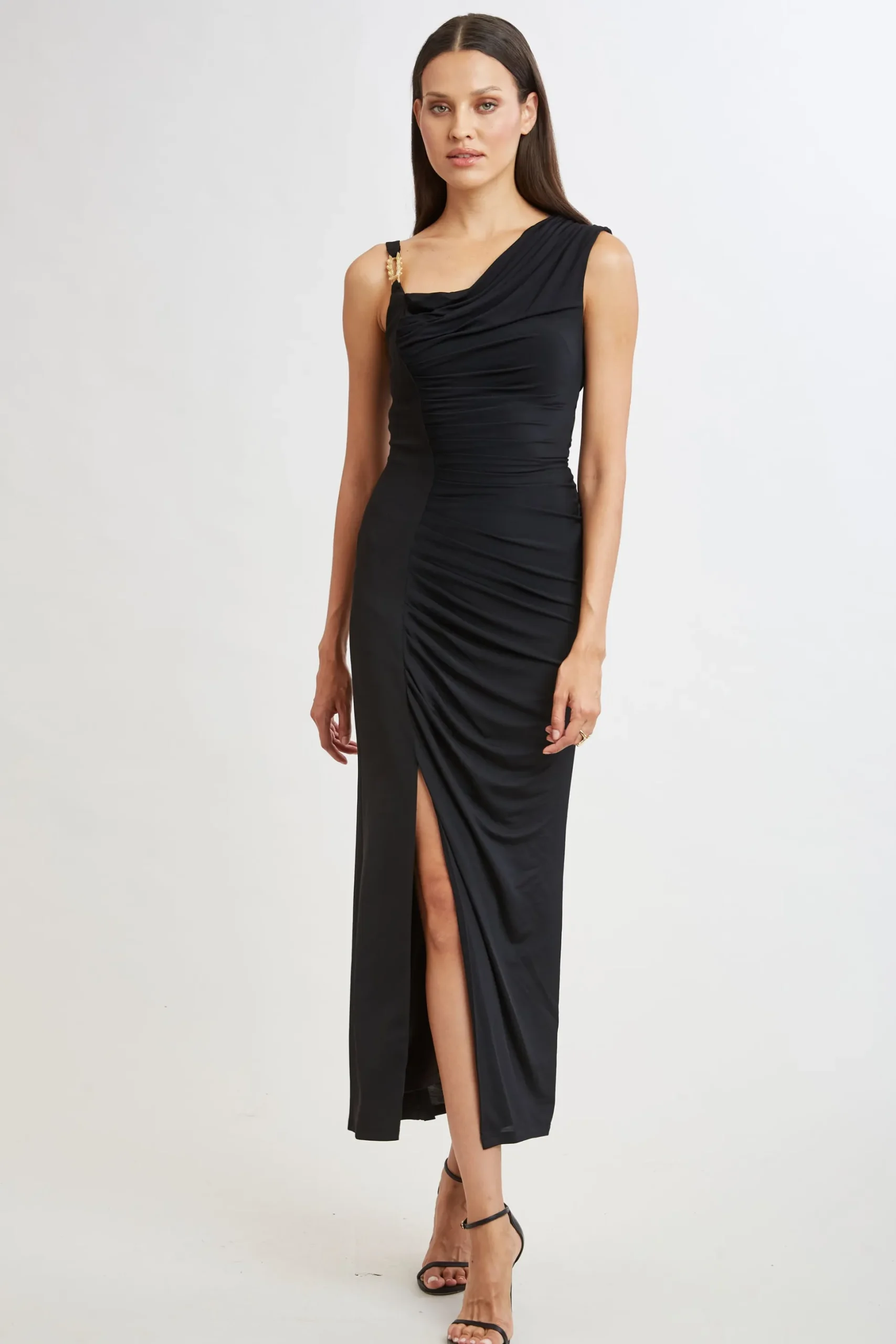 Elie Tahari Dresses & Jumpsuits|Sleeveless Dresses-Chain Detail Asymmetric Matte Jersey Dress BLACK
