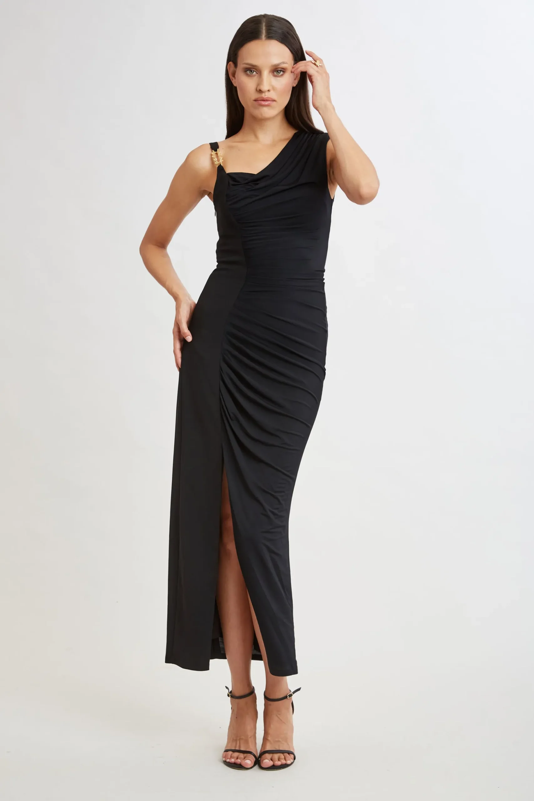 Elie Tahari Dresses & Jumpsuits|Sleeveless Dresses-Chain Detail Asymmetric Matte Jersey Dress BLACK