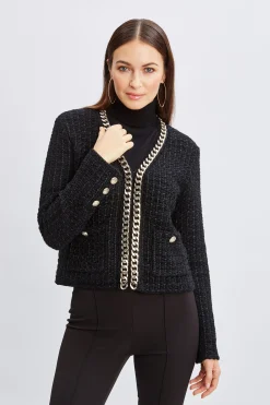 Elie Tahari Tops & Sweaters|Suiting-Chain Trim Metallic Cardigan NOIR/NOIRLUREX