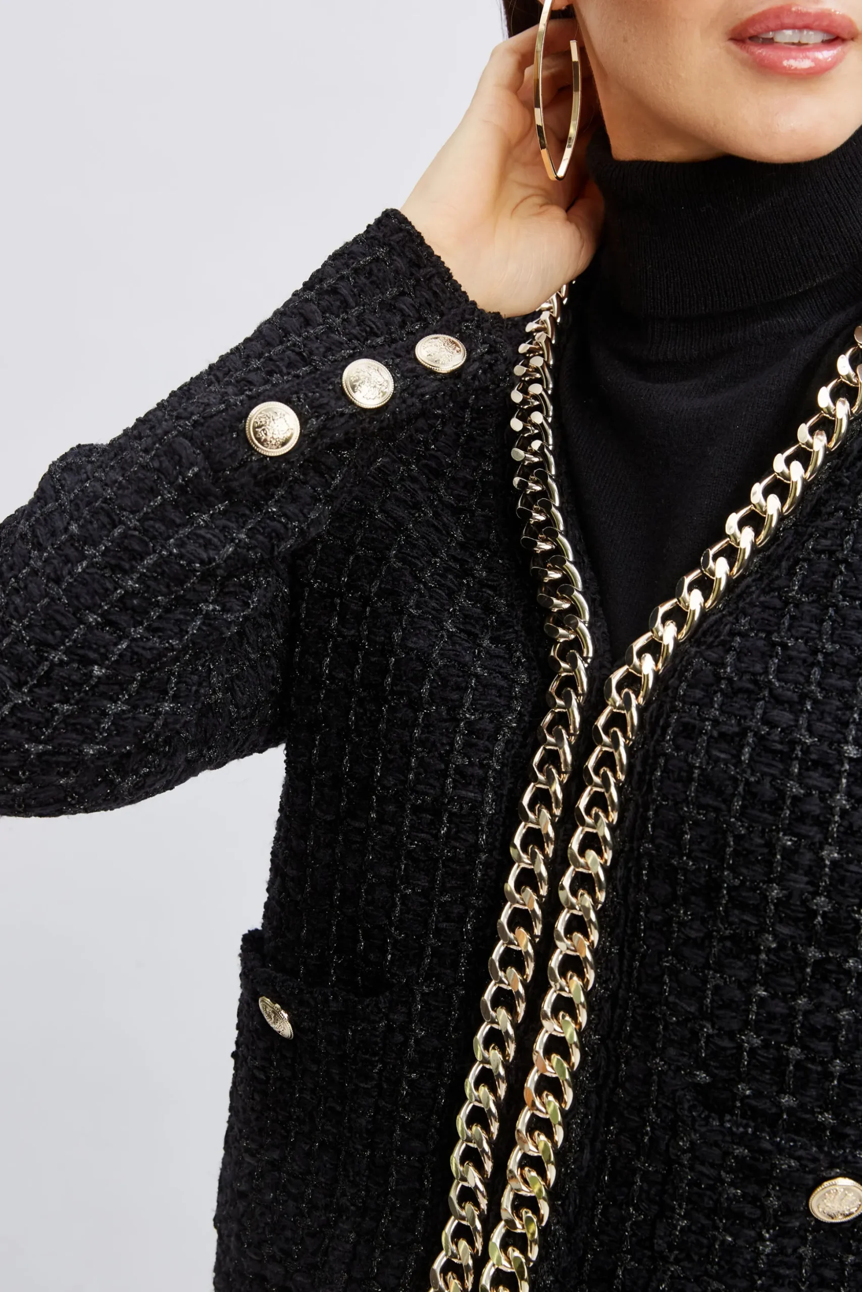 Elie Tahari Tops & Sweaters|Suiting-Chain Trim Metallic Cardigan NOIR/NOIRLUREX